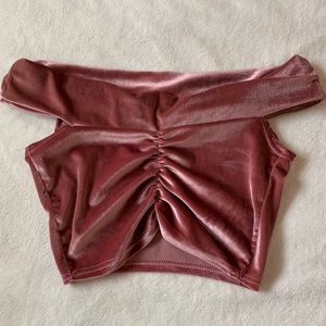 Pink suede off the shoulder crop top